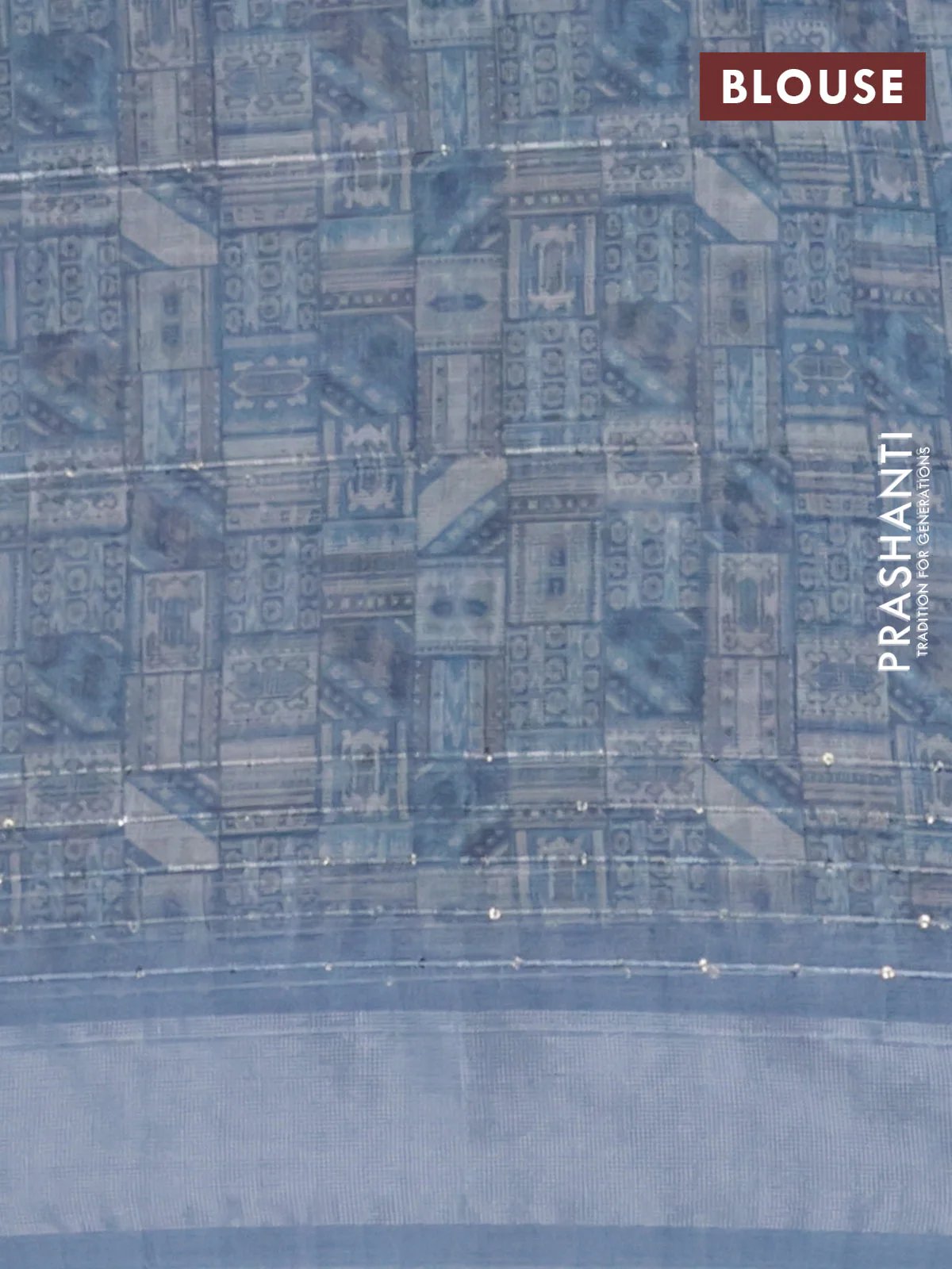 Linen cotton saree pastel blue with floral prints & sequin work and silver zari woven border - Image 4