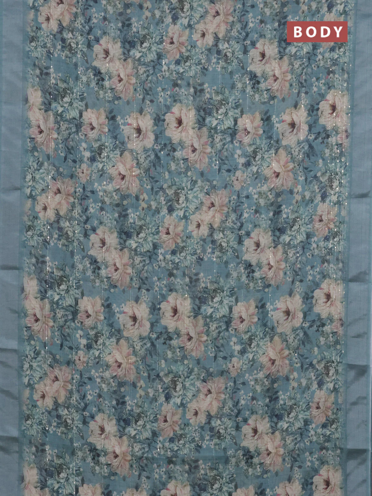 Linen cotton saree pastel blue with floral prints & sequin work and silver zari woven border - Image 2