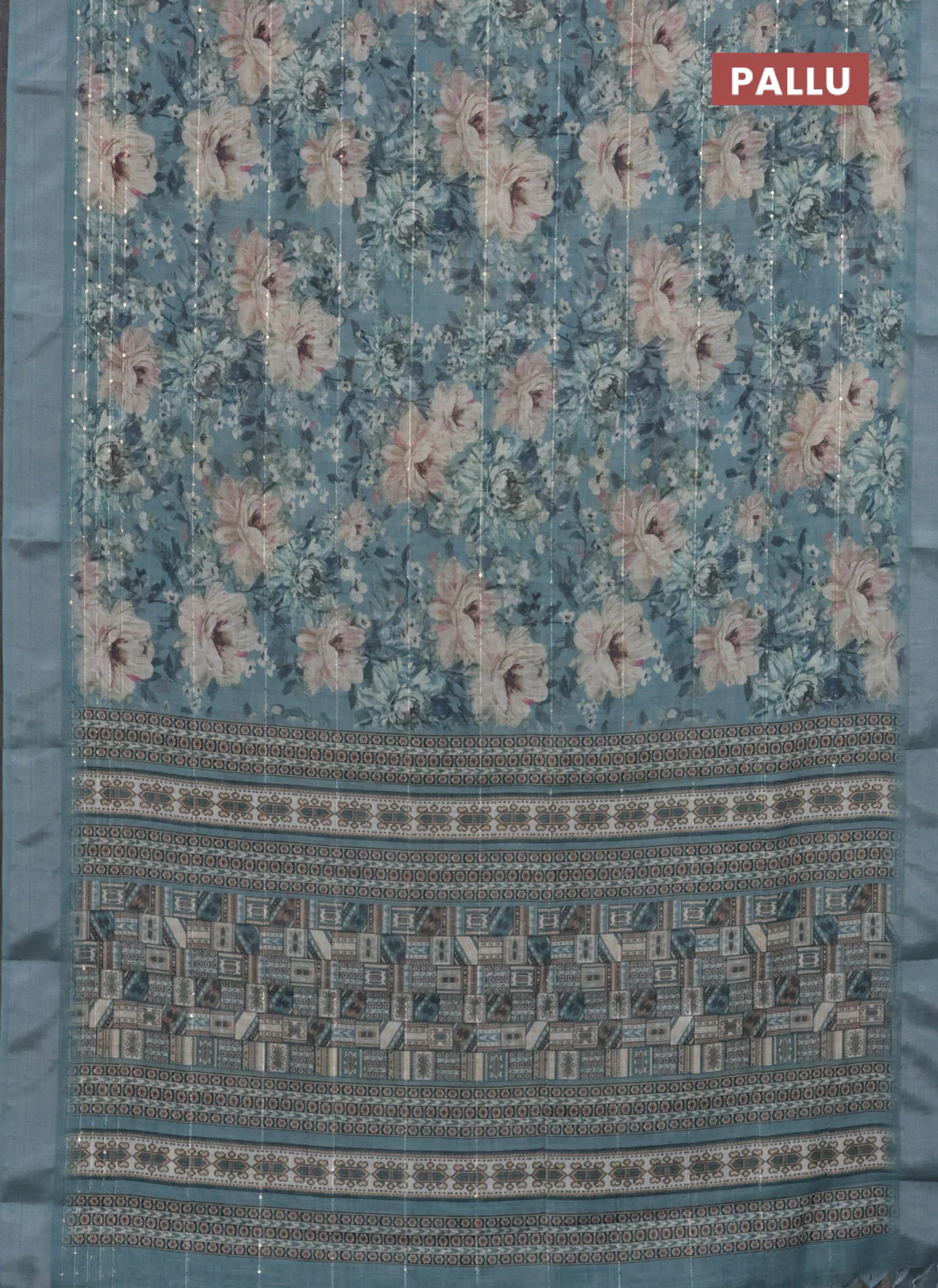 Linen cotton saree pastel blue with floral prints & sequin work and silver zari woven border - Image 3
