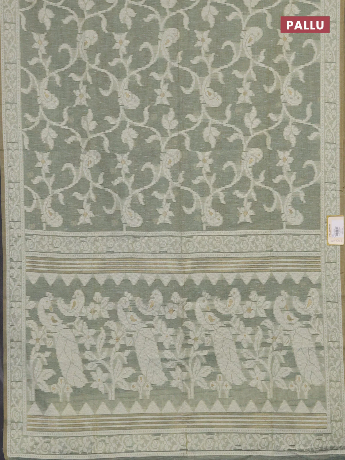 Linen cotton saree pastel green shade with allover jamdhani weaves - Image 3