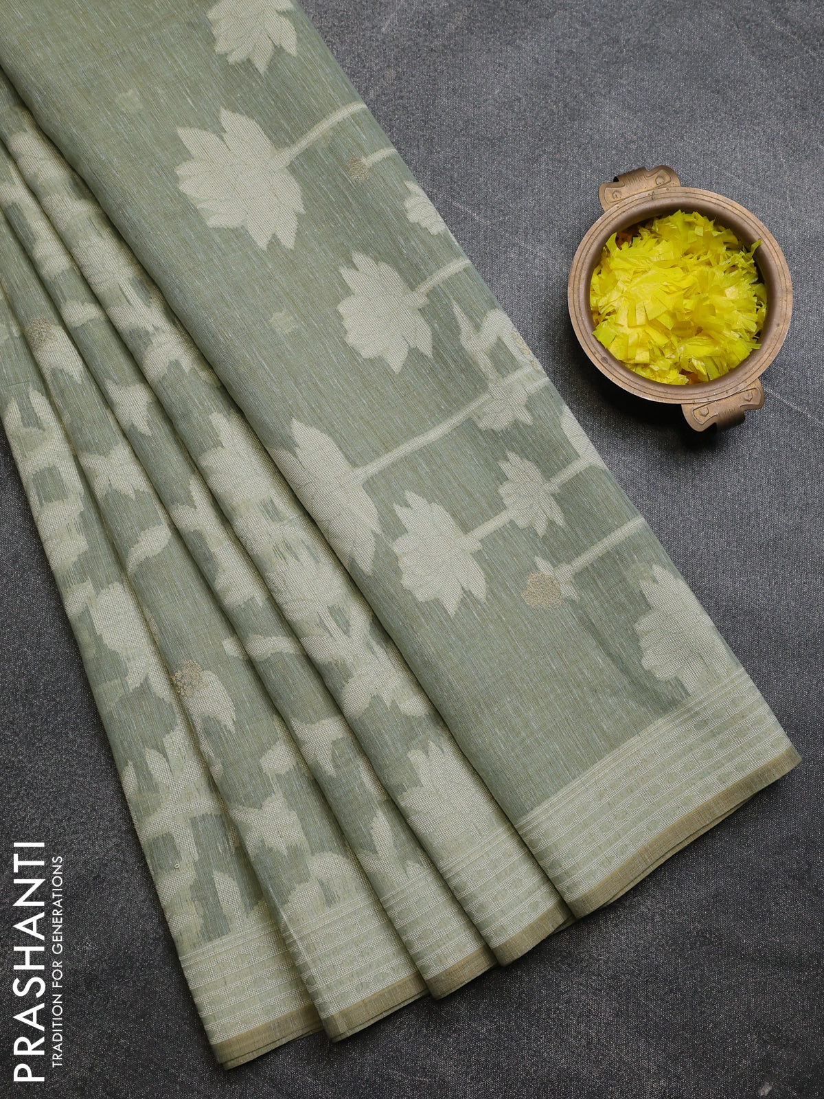 Linen cotton saree pastel green shade with allover jamdhani weaves