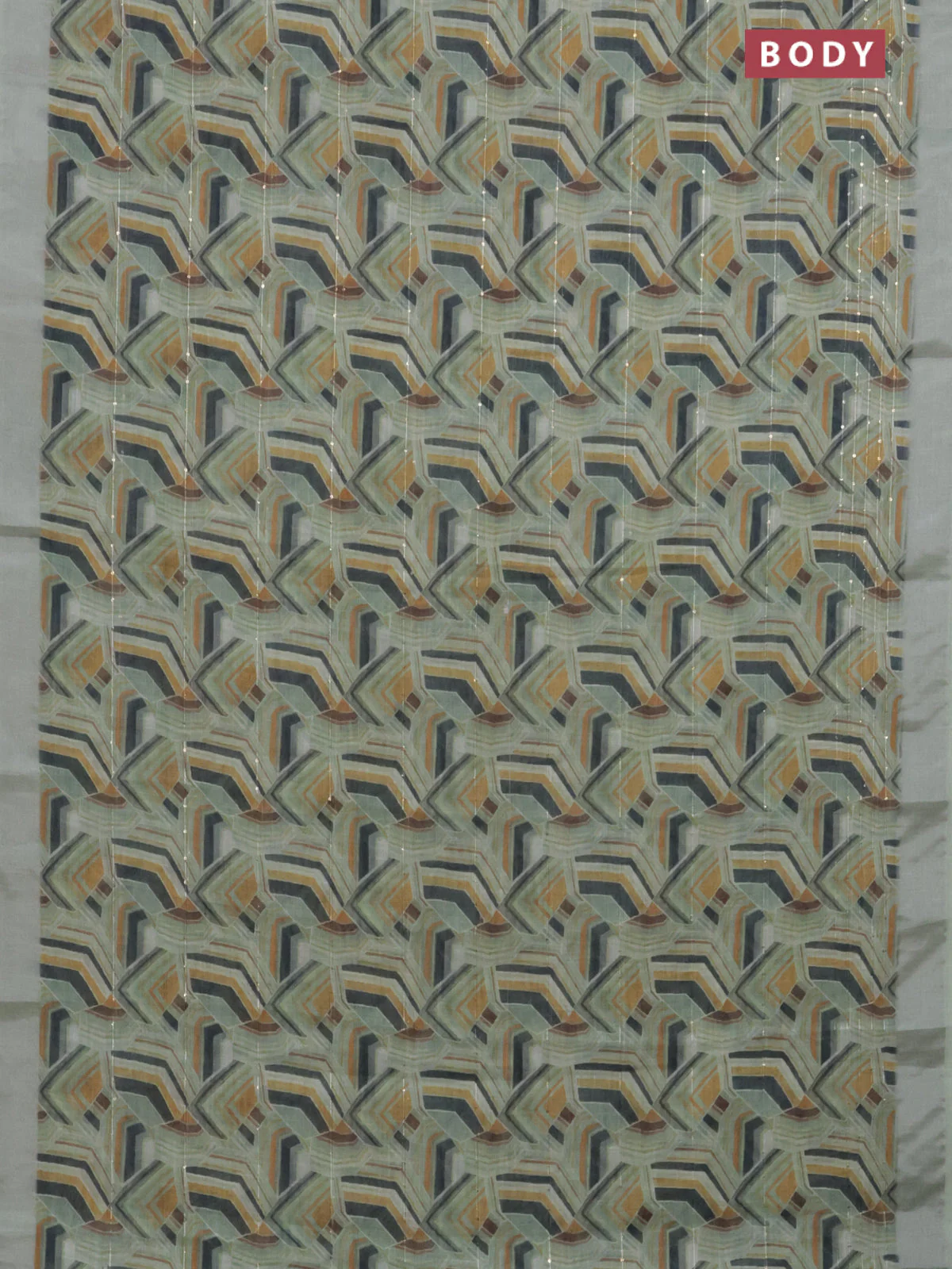 Linen cotton saree pastel green with allover geometric prints & sequin work and silver zari woven border - Image 2