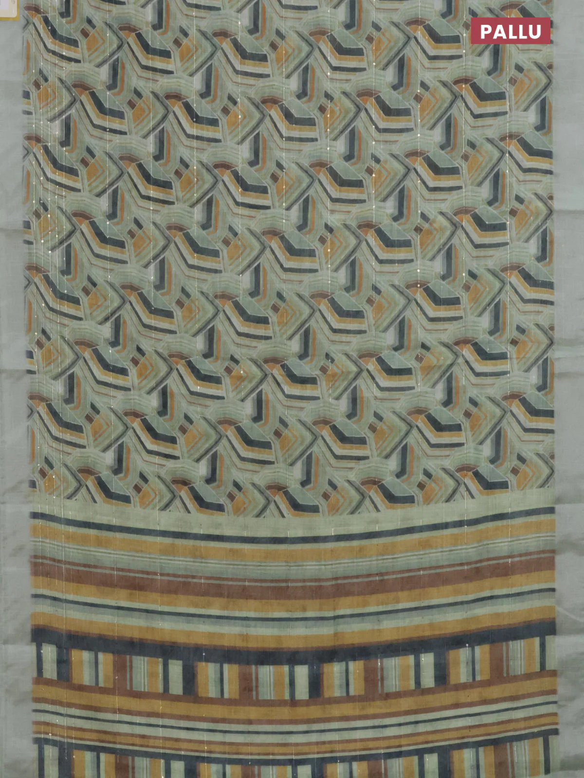 Linen cotton saree pastel green with allover geometric prints & sequin work and silver zari woven border - Image 3