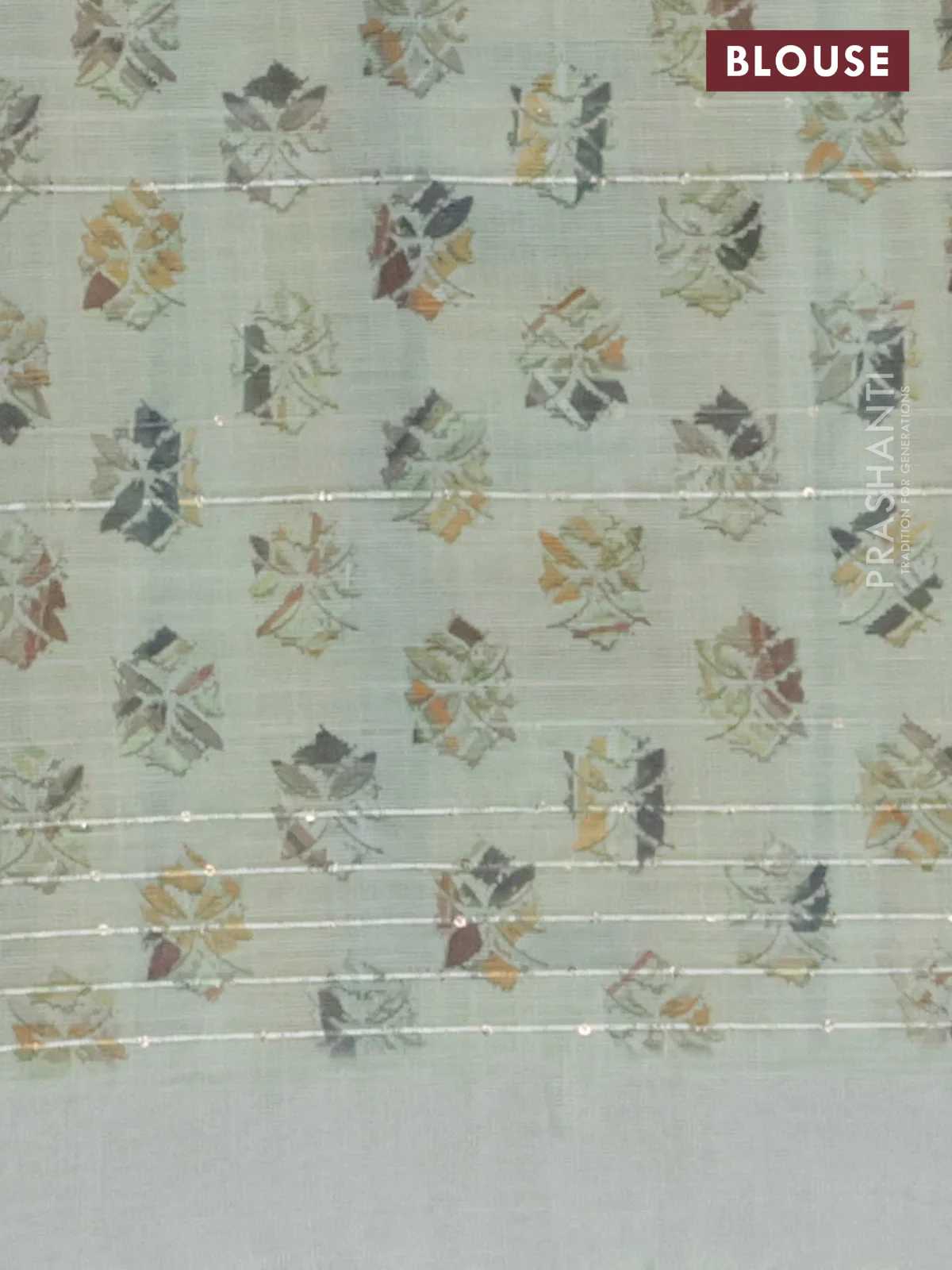 Linen cotton saree pastel green with allover geometric prints & sequin work and silver zari woven border - Image 4