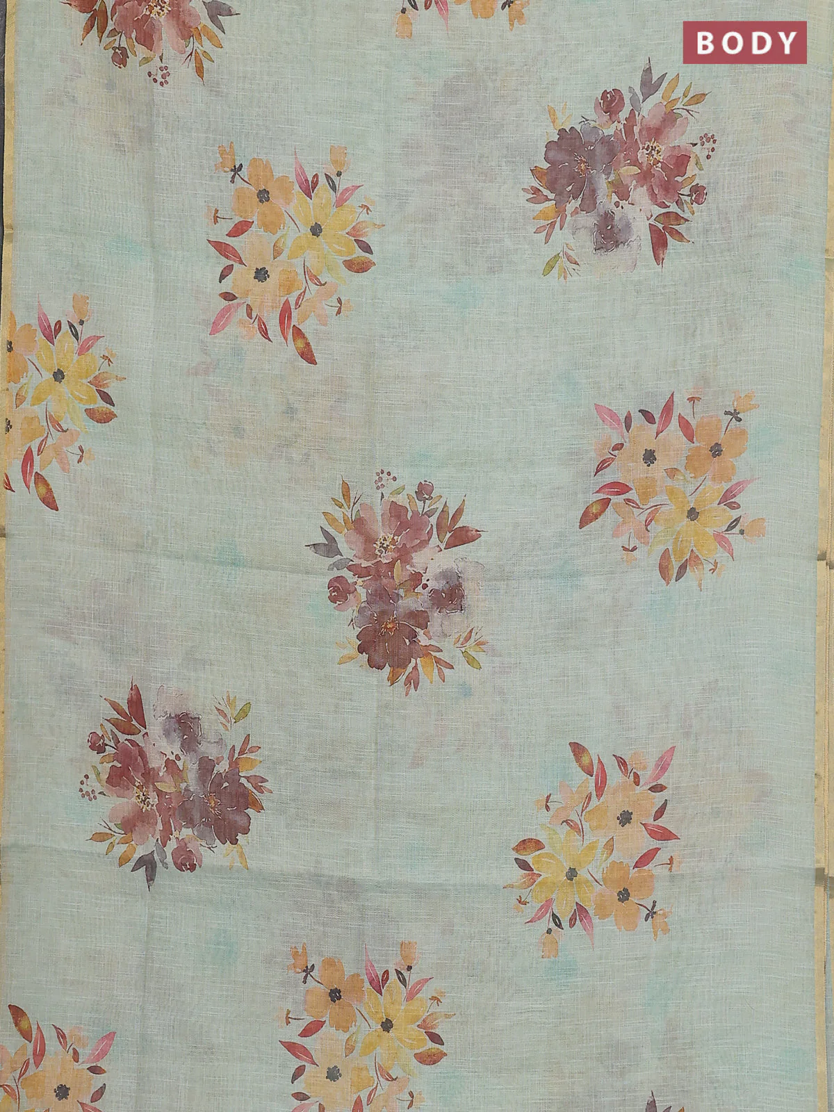 Linen cotton saree pastel green with floral digital prints and zari woven piping border - Image 2