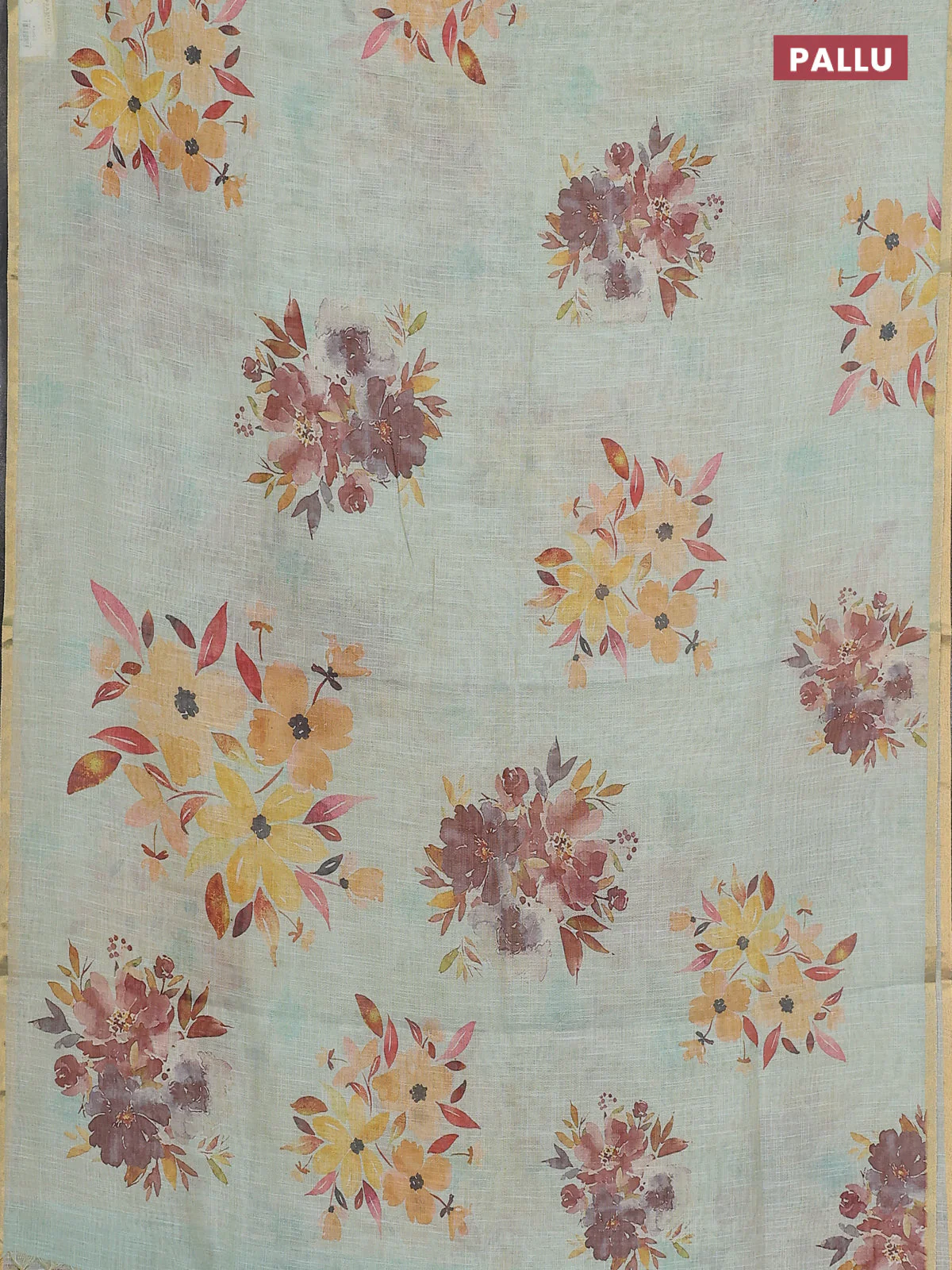 Linen cotton saree pastel green with floral digital prints and zari woven piping border - Image 3