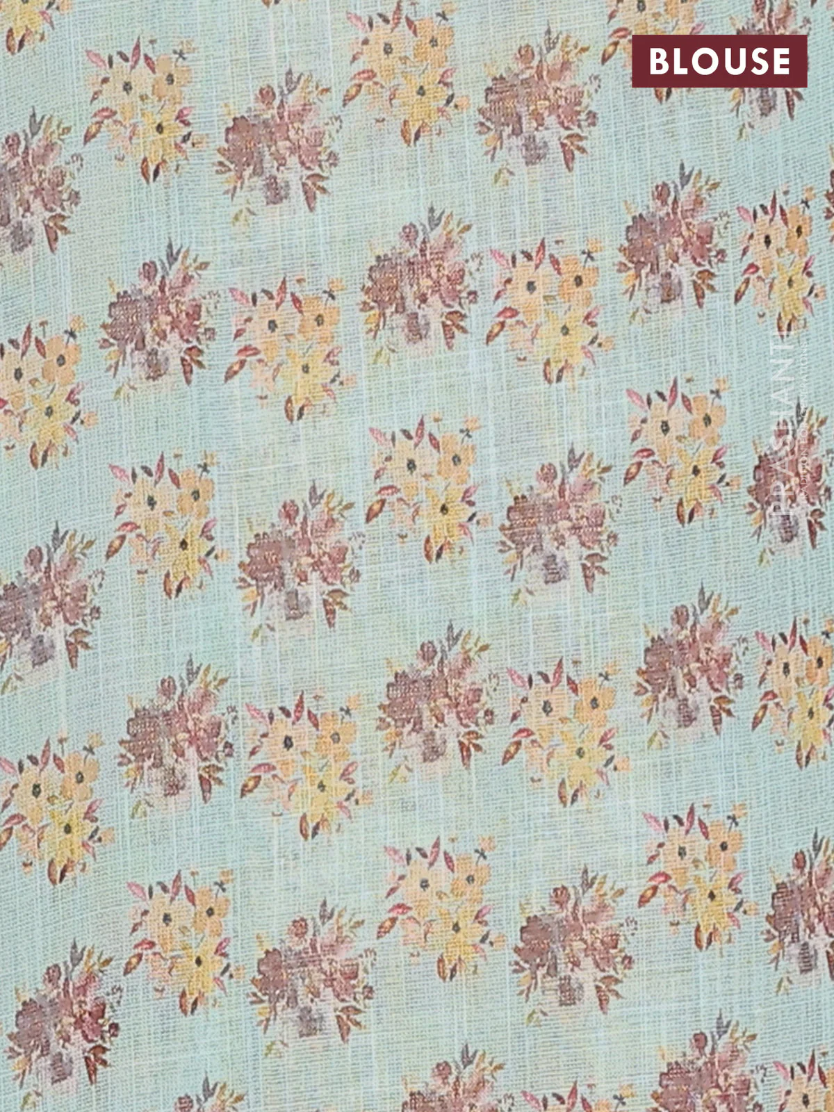 Linen cotton saree pastel green with floral digital prints and zari woven piping border - Image 4