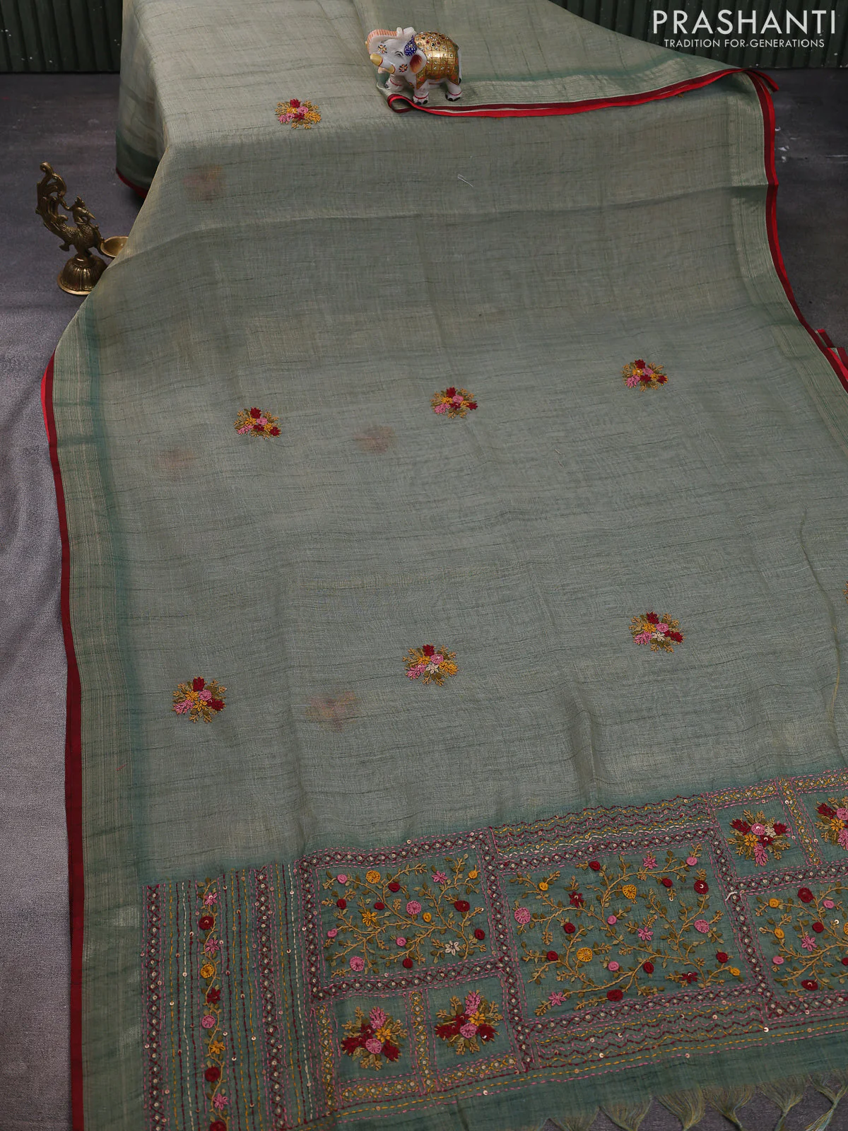 Linen cotton saree pastel green with kantha stitch work and zari woven border - Image 2