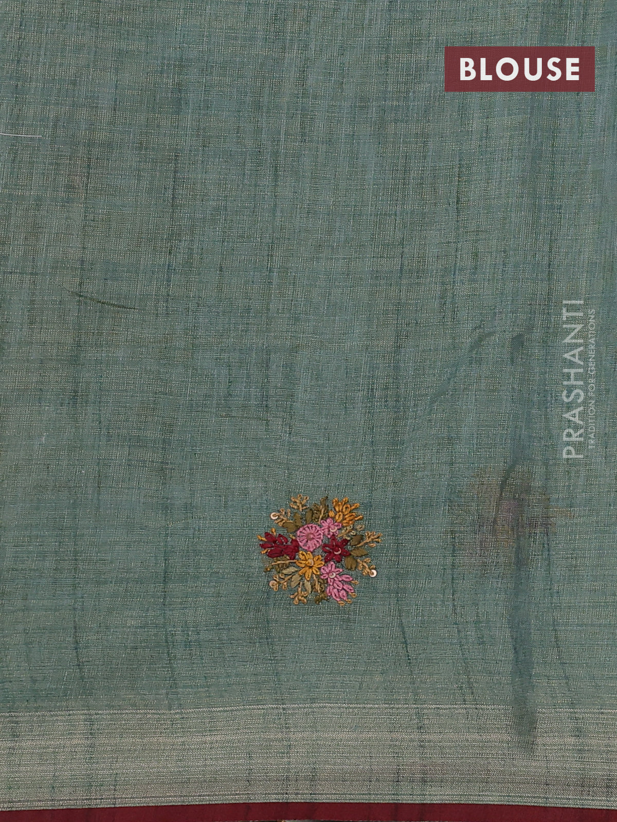 Linen cotton saree pastel green with kantha stitch work and zari woven border - Image 3