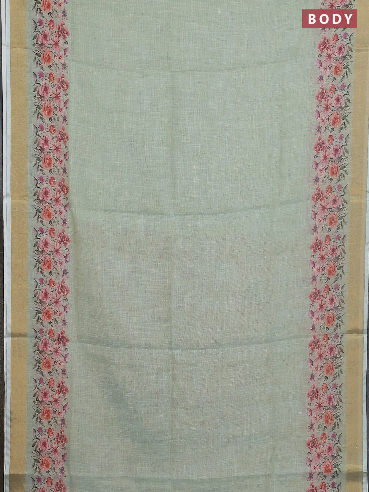 Linen cotton saree pastel green with plain body and floral printed border - Image 2