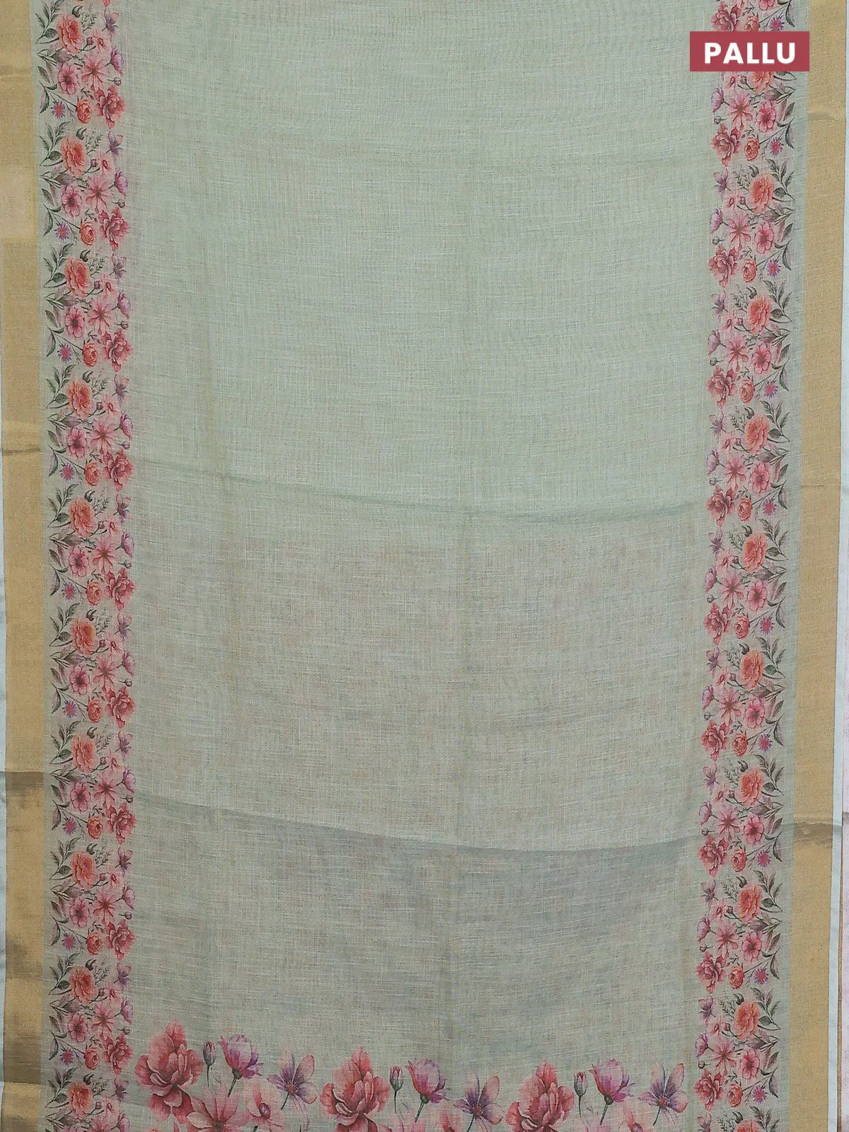 Linen cotton saree pastel green with plain body and floral printed border - Image 3