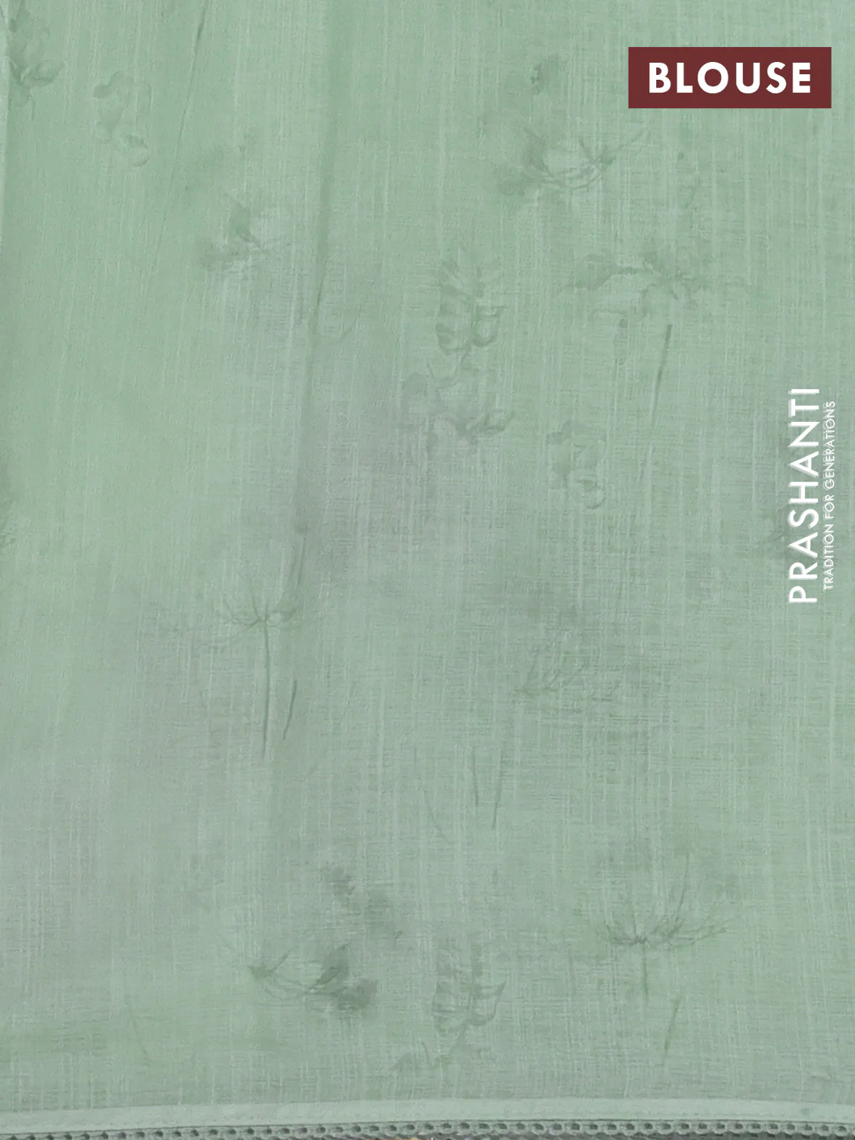 Linen cotton saree pastel green with plain body and floral prints & french knot work - Image 3