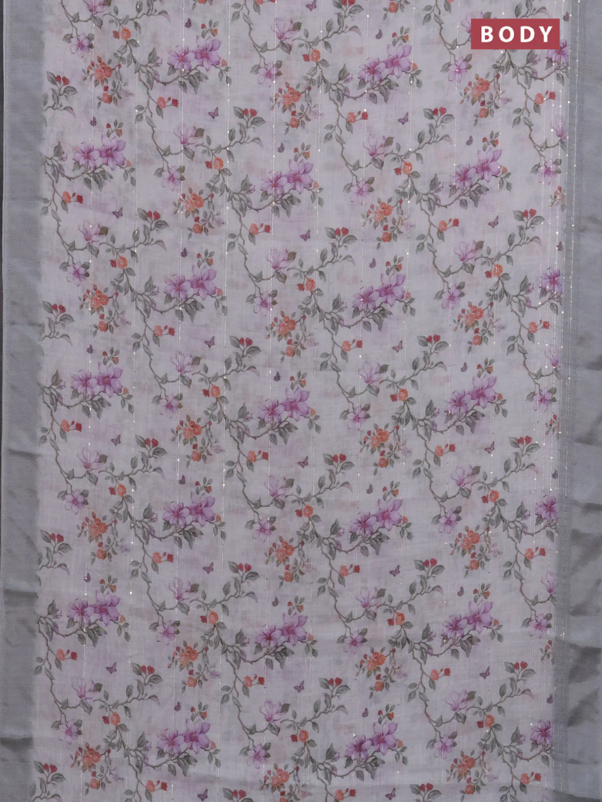 Linen cotton saree pastel grey with allover floral prints & sequin work and silver zari woven border - Image 2