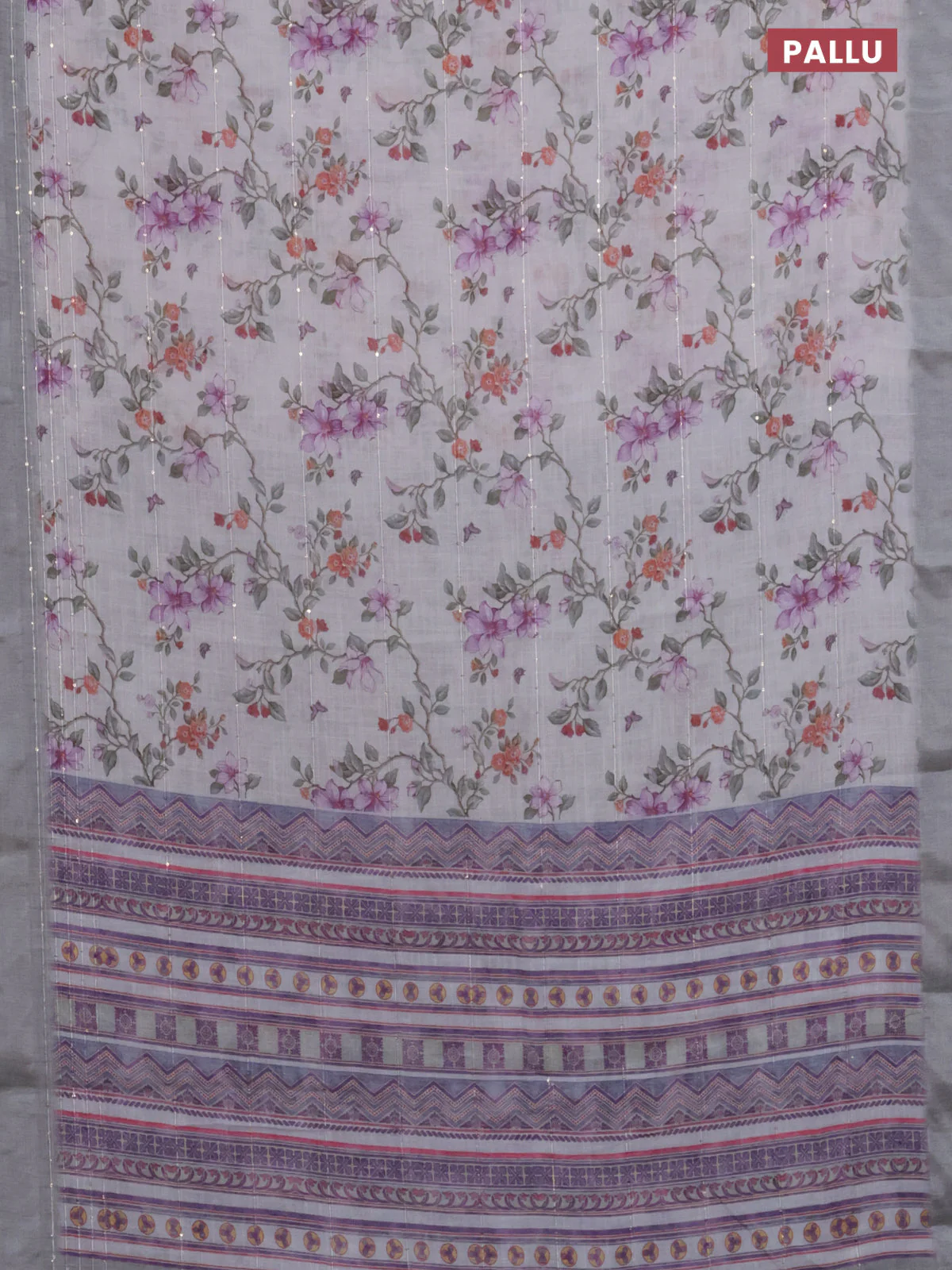 Linen cotton saree pastel grey with allover floral prints & sequin work and silver zari woven border - Image 3