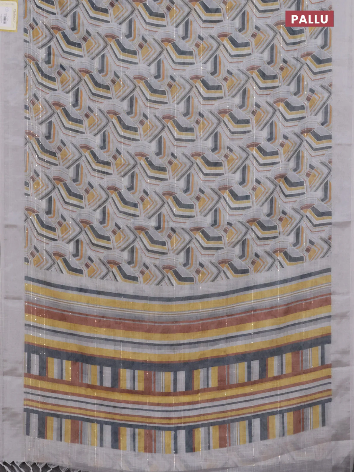 Linen cotton saree pastel grey with allover geometric prints & sequin work and silver zari woven border - Image 3