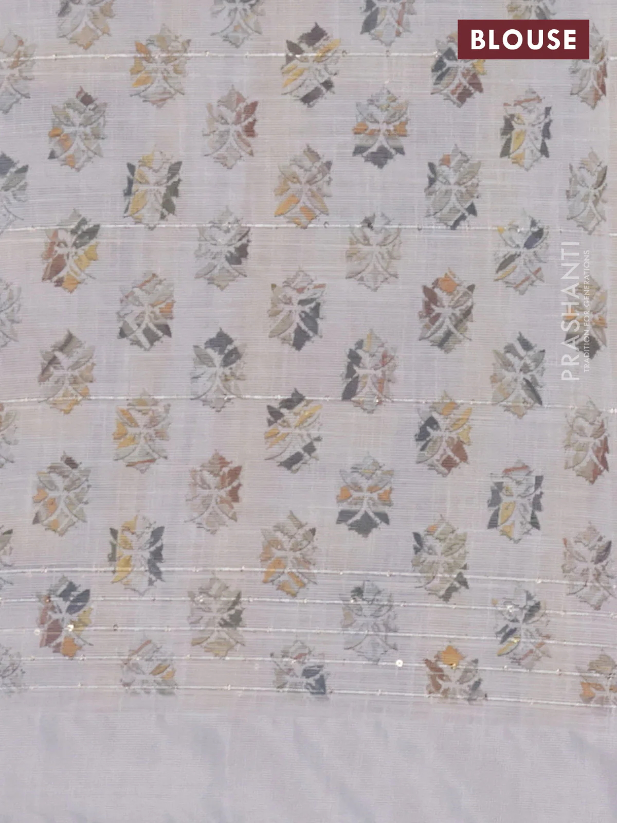 Linen cotton saree pastel grey with allover geometric prints & sequin work and silver zari woven border - Image 4