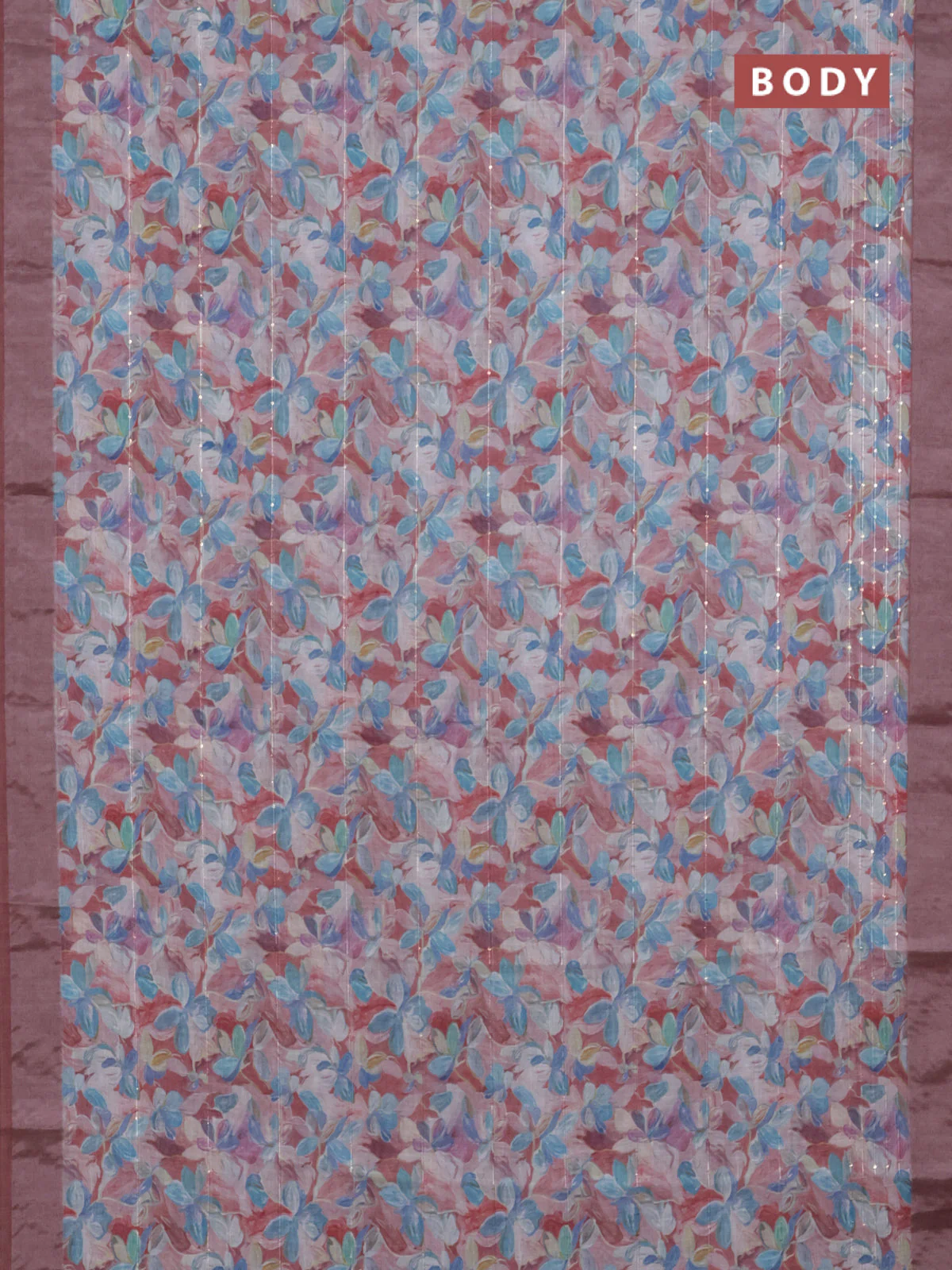 Linen cotton saree pastel maroon with floral prints & sequin work and silver zari woven border - Image 2