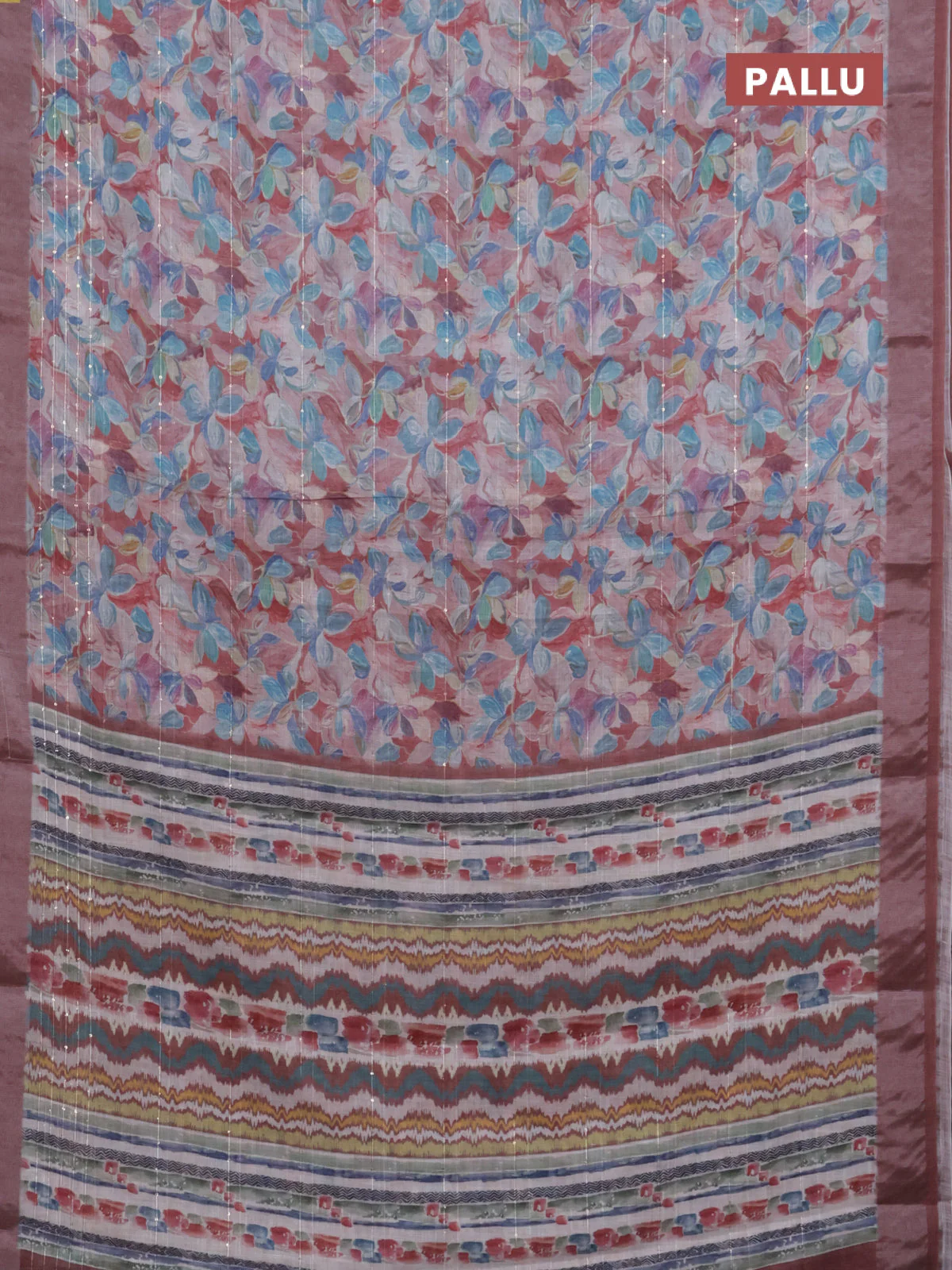 Linen cotton saree pastel maroon with floral prints & sequin work and silver zari woven border - Image 3