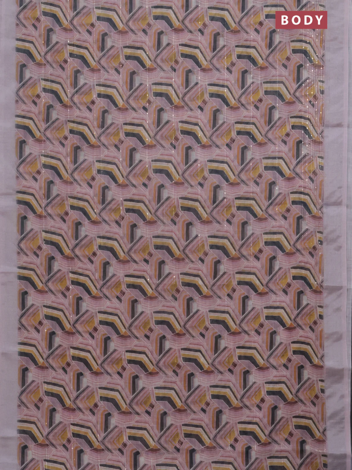 Linen cotton saree pastel pink with allover geometric prints & sequin work and silver zari woven border - Image 2