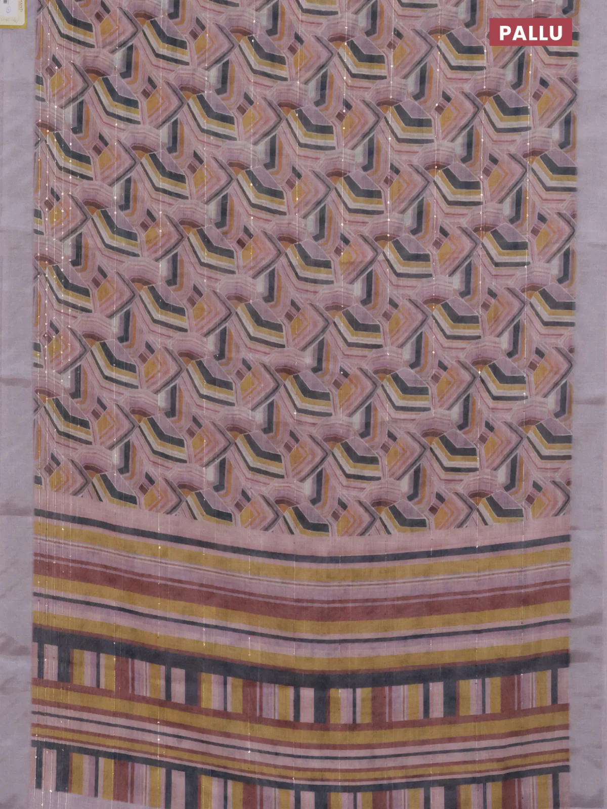 Linen cotton saree pastel pink with allover geometric prints & sequin work and silver zari woven border - Image 3