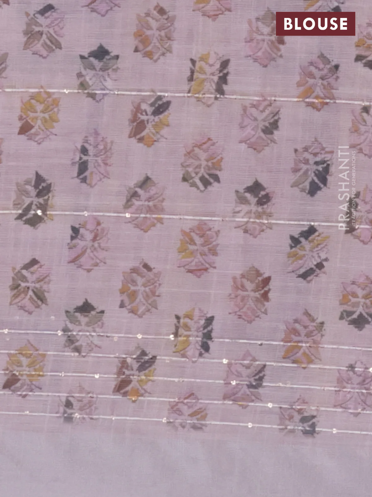 Linen cotton saree pastel pink with allover geometric prints & sequin work and silver zari woven border - Image 4