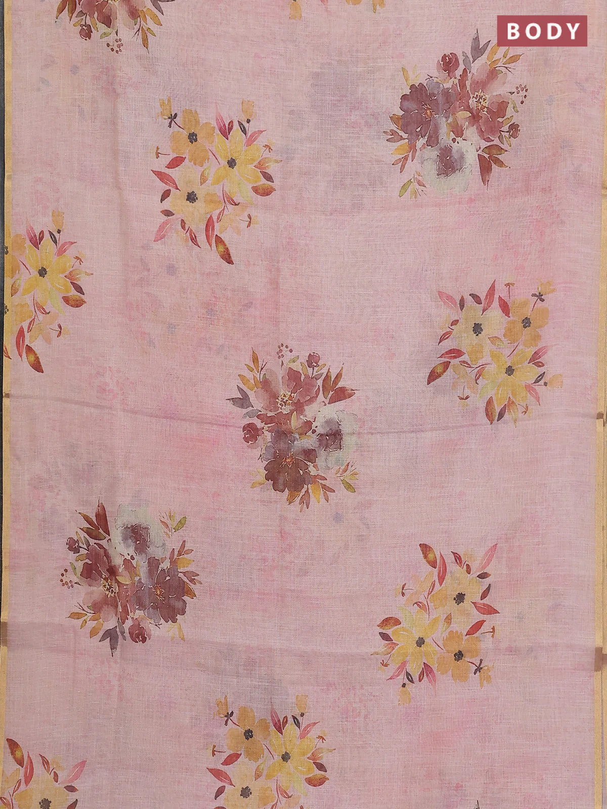 Linen cotton saree pastel pink with floral digital prints and zari woven piping border - Image 2