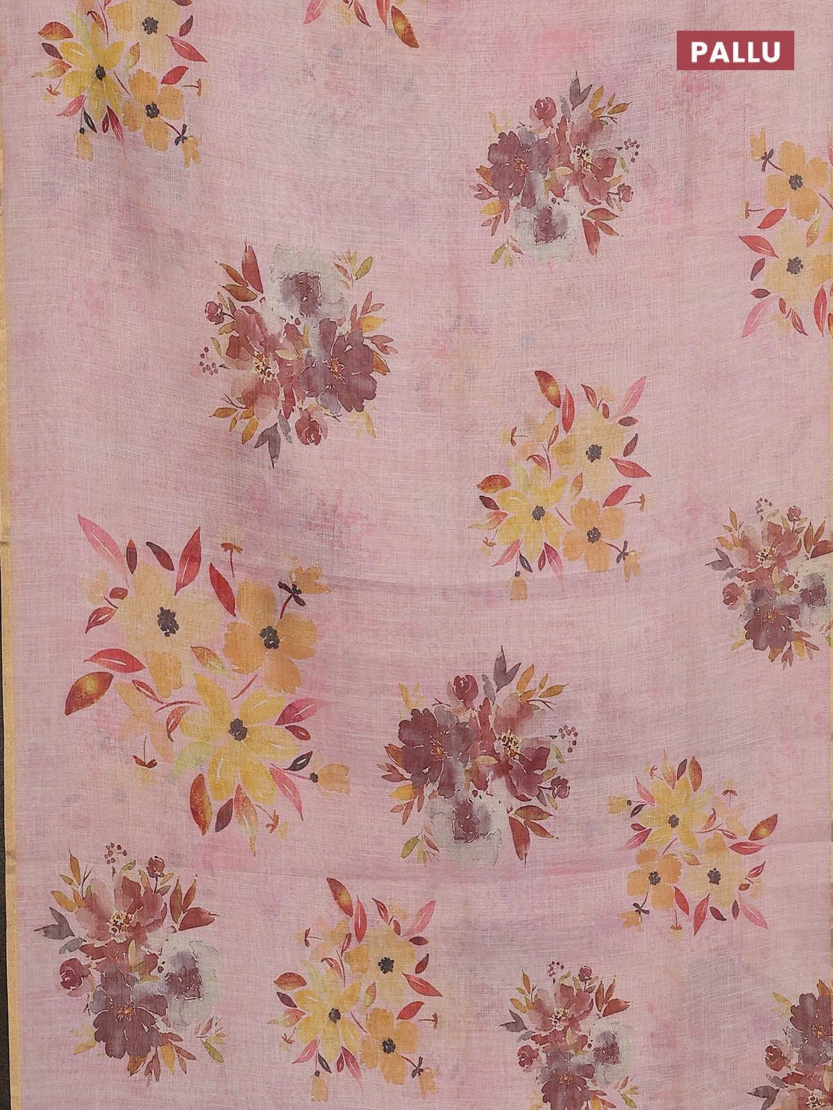 Linen cotton saree pastel pink with floral digital prints and zari woven piping border - Image 3