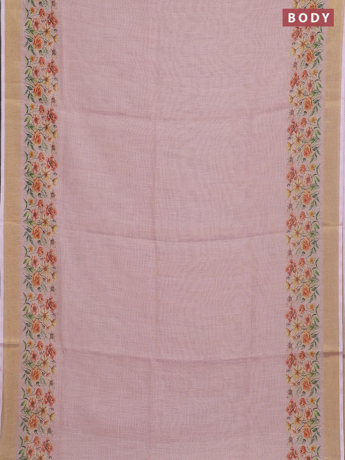 Linen cotton saree pastel pink with plain body and floral printed border - Image 2