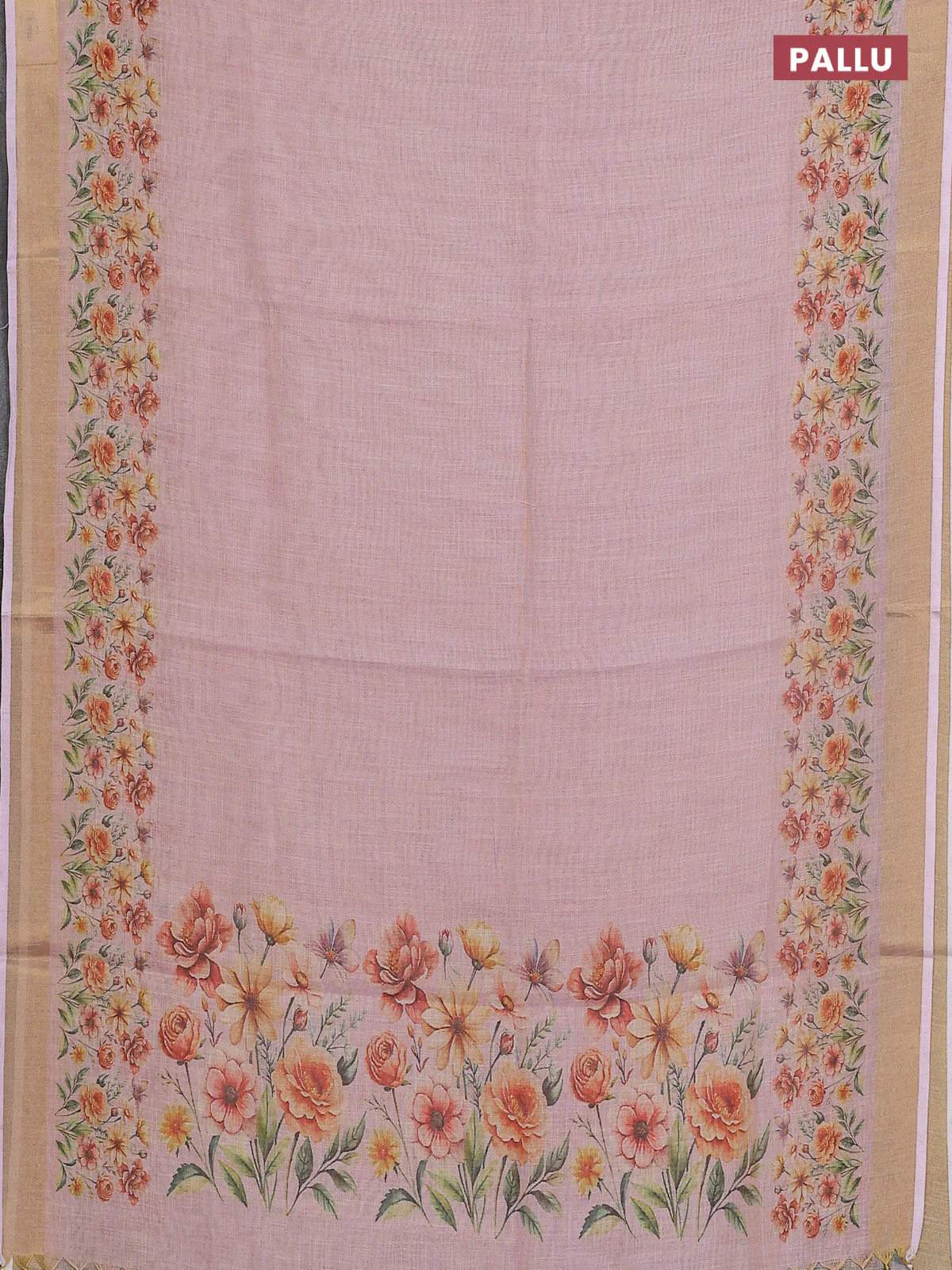 Linen cotton saree pastel pink with plain body and floral printed border - Image 3