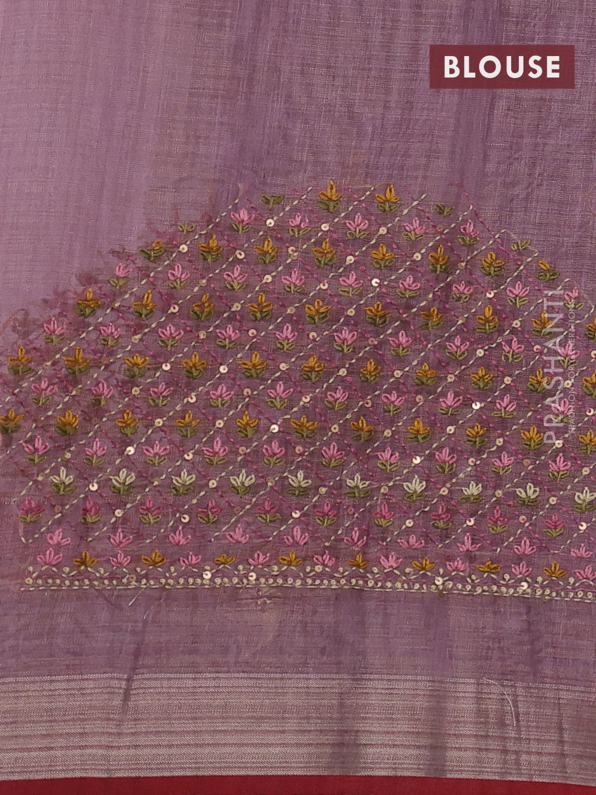 Linen cotton saree pastel purple and maroon with kantha stitch work and zari woven border - Image 3