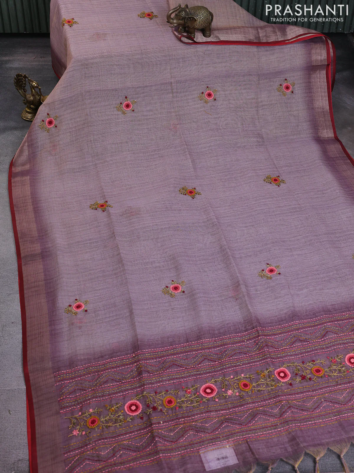 Linen cotton saree pastel purple shade with floral kantha stitch work and zari woven border - Image 2