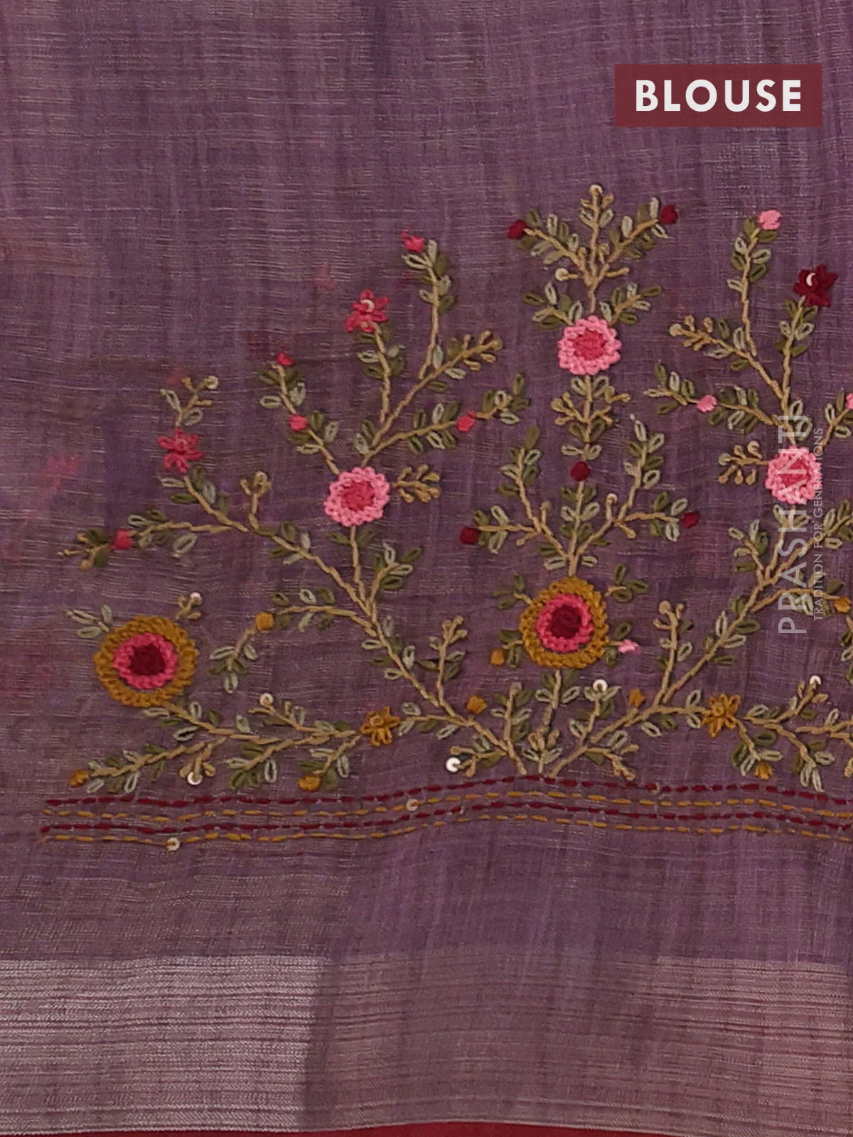Linen cotton saree pastel purple shade with floral kantha stitch work and zari woven border - Image 3