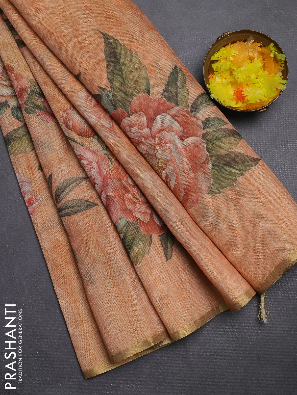 Linen cotton saree peach orange with plain body and digital printed border