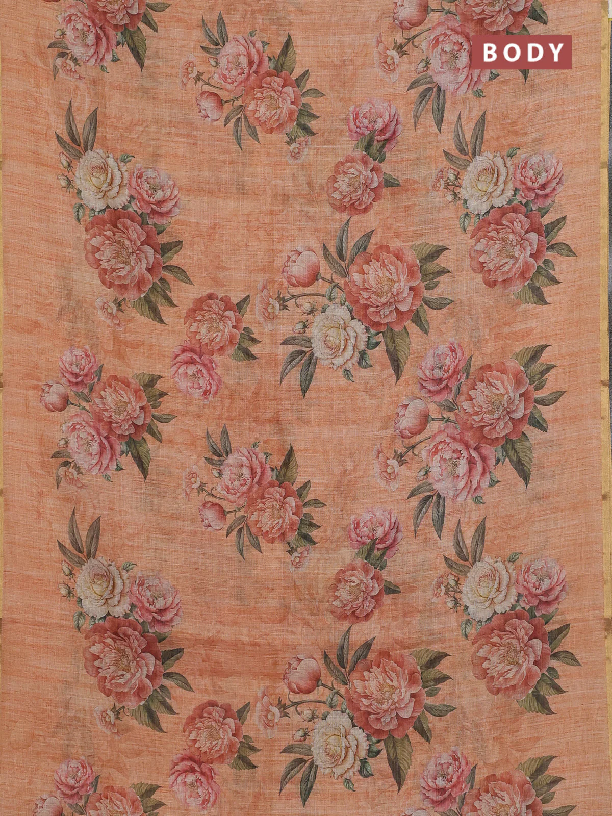 Linen cotton saree peach orange with plain body and digital printed border - Image 2