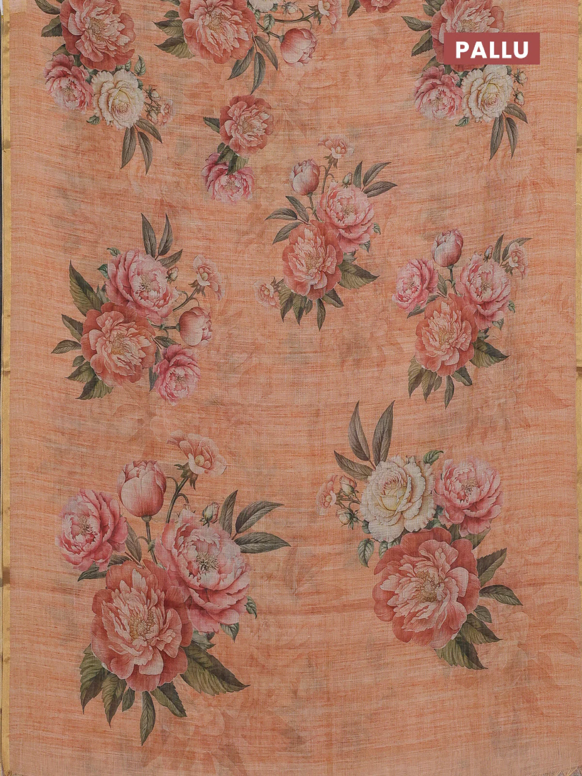 Linen cotton saree peach orange with plain body and digital printed border - Image 3