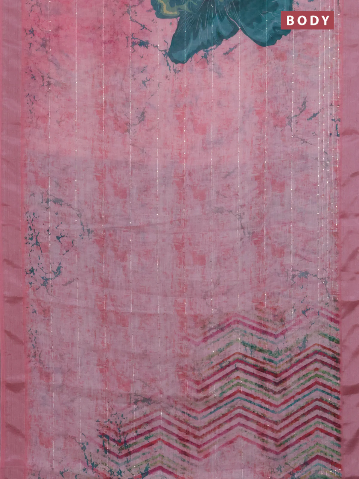Linen cotton saree peach pink with allover prints & sequin work and silver zari woven border - Image 2