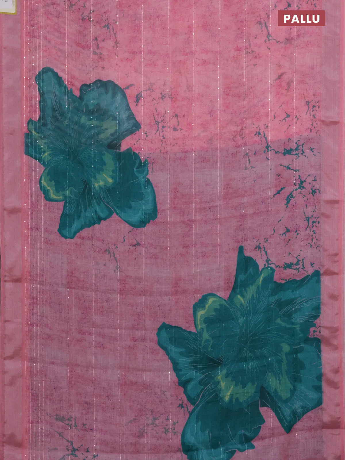 Linen cotton saree peach pink with allover prints & sequin work and silver zari woven border - Image 3