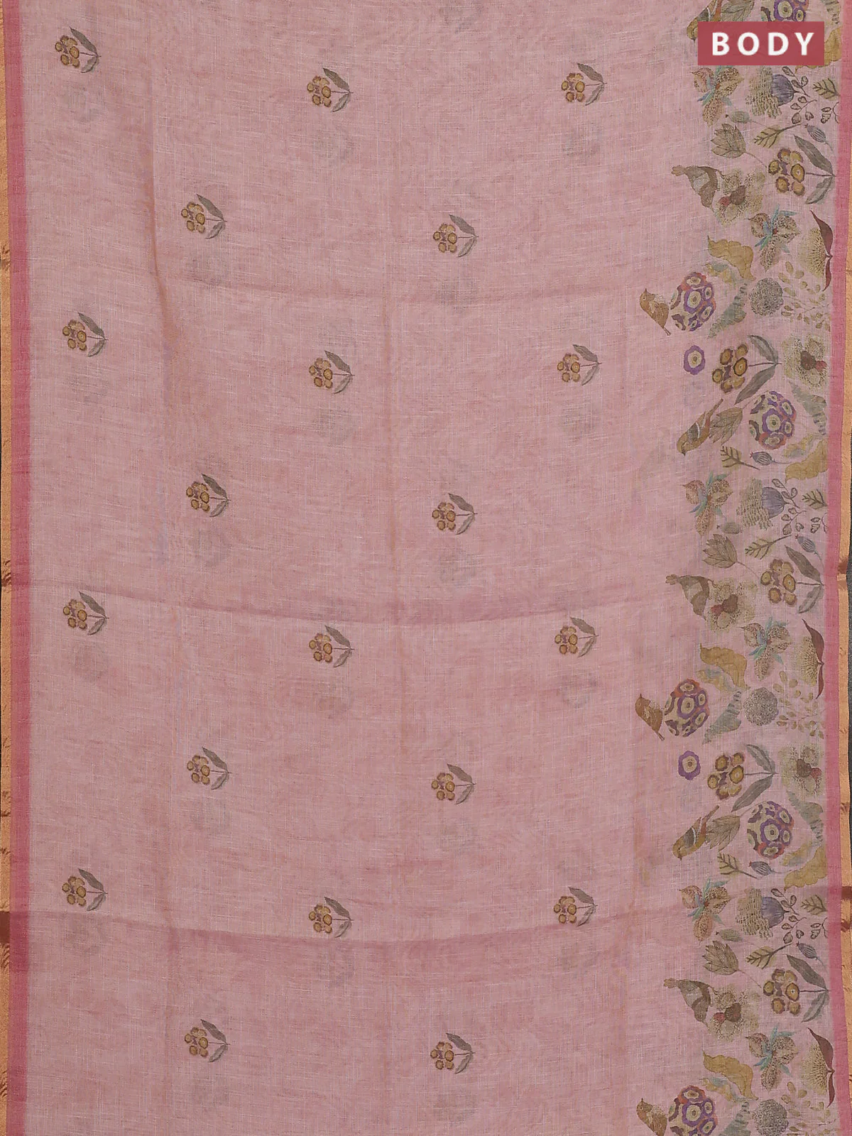 Linen cotton saree peach pink with butta prints and printed border - Image 2