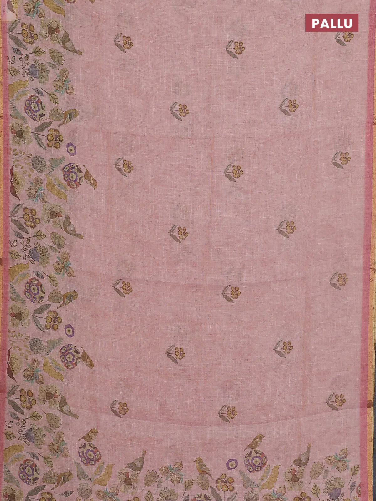 Linen cotton saree peach pink with butta prints and printed border - Image 3