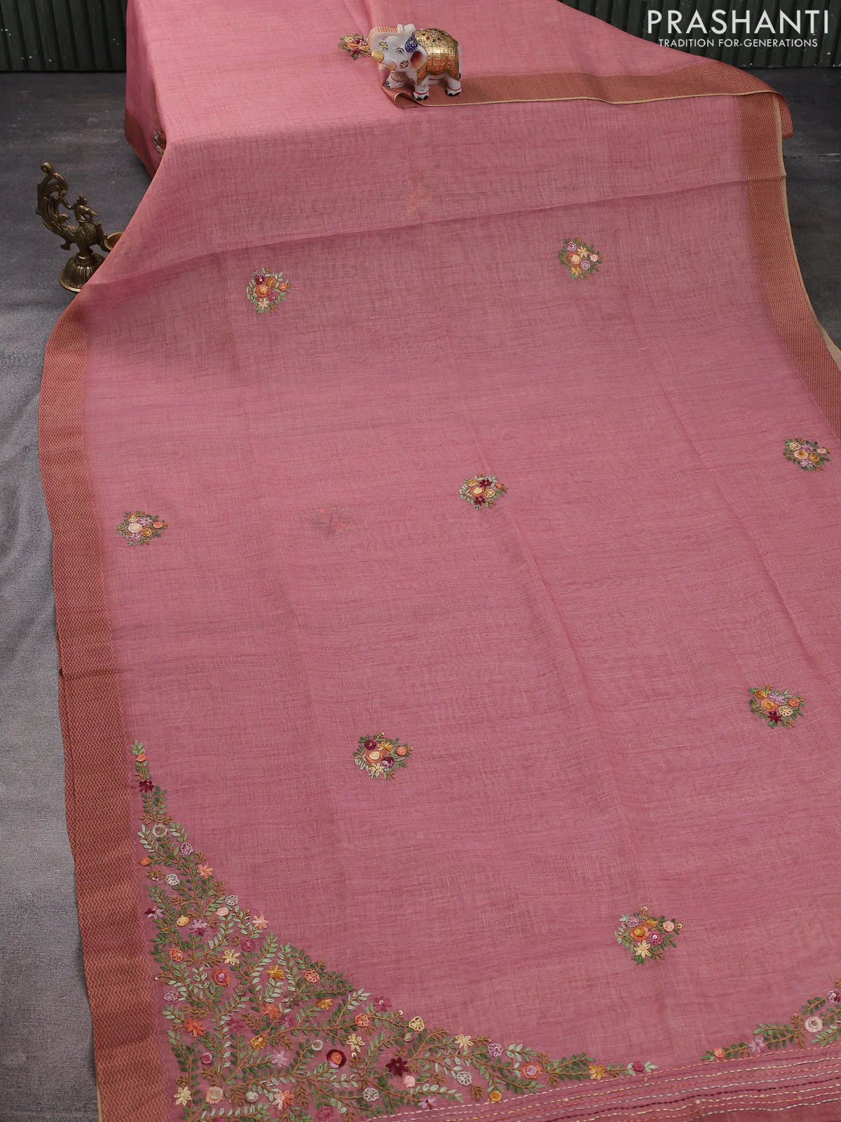 Linen cotton saree peach pink with kantha stitch work and printed border - Image 2