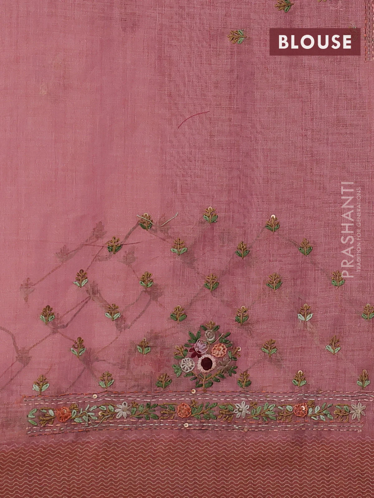 Linen cotton saree peach pink with kantha stitch work and printed border - Image 3