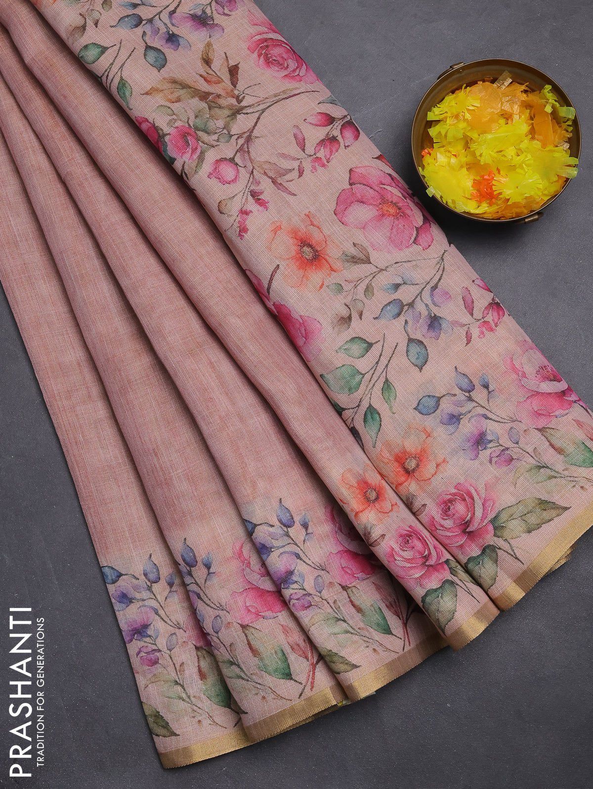 Linen cotton saree peach pink with plain body and digital printed border