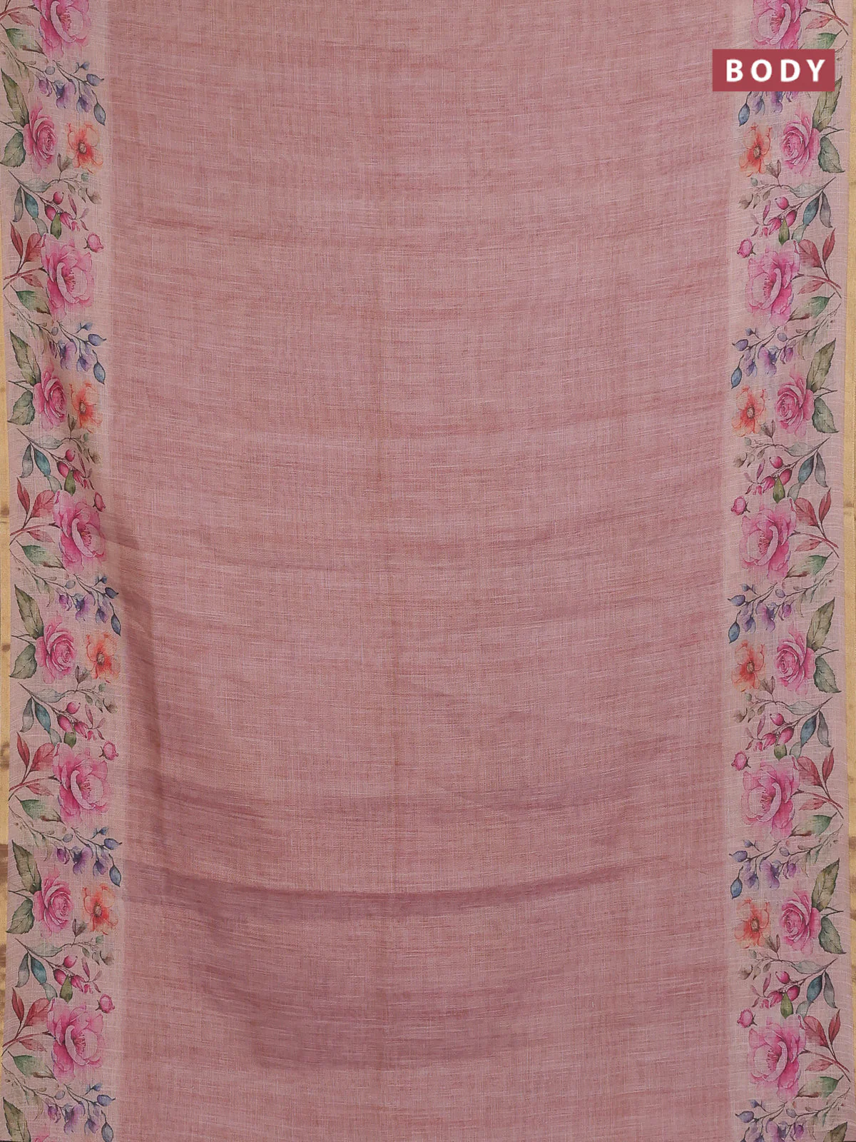Linen cotton saree peach pink with plain body and digital printed border - Image 2