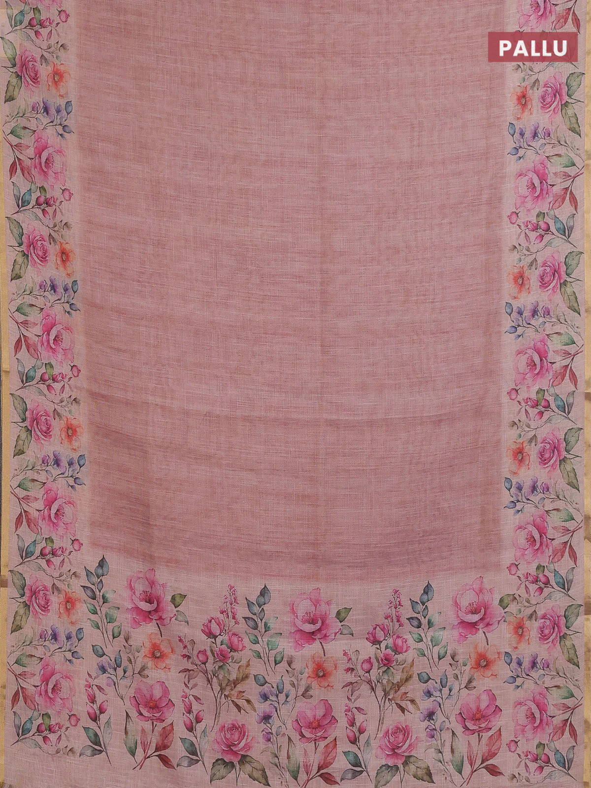 Linen cotton saree peach pink with plain body and digital printed border - Image 3