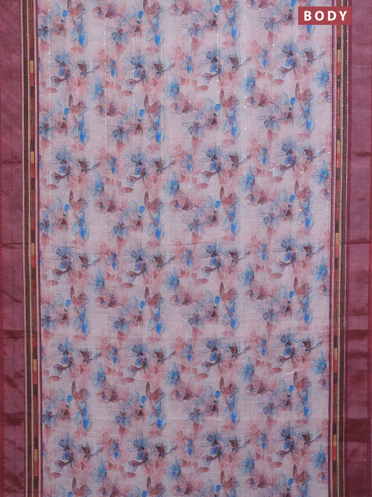 Linen cotton saree peach shade and maroon with allover floral prints & sequin work and silver zari woven border - Image 2