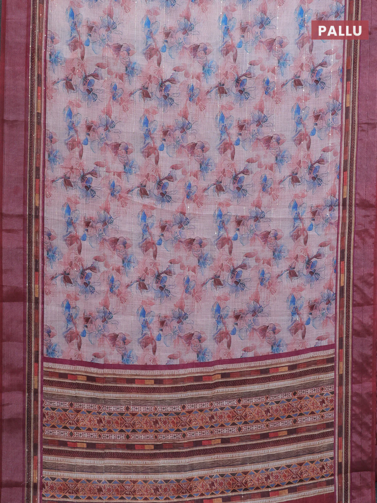 Linen cotton saree peach shade and maroon with allover floral prints & sequin work and silver zari woven border - Image 3