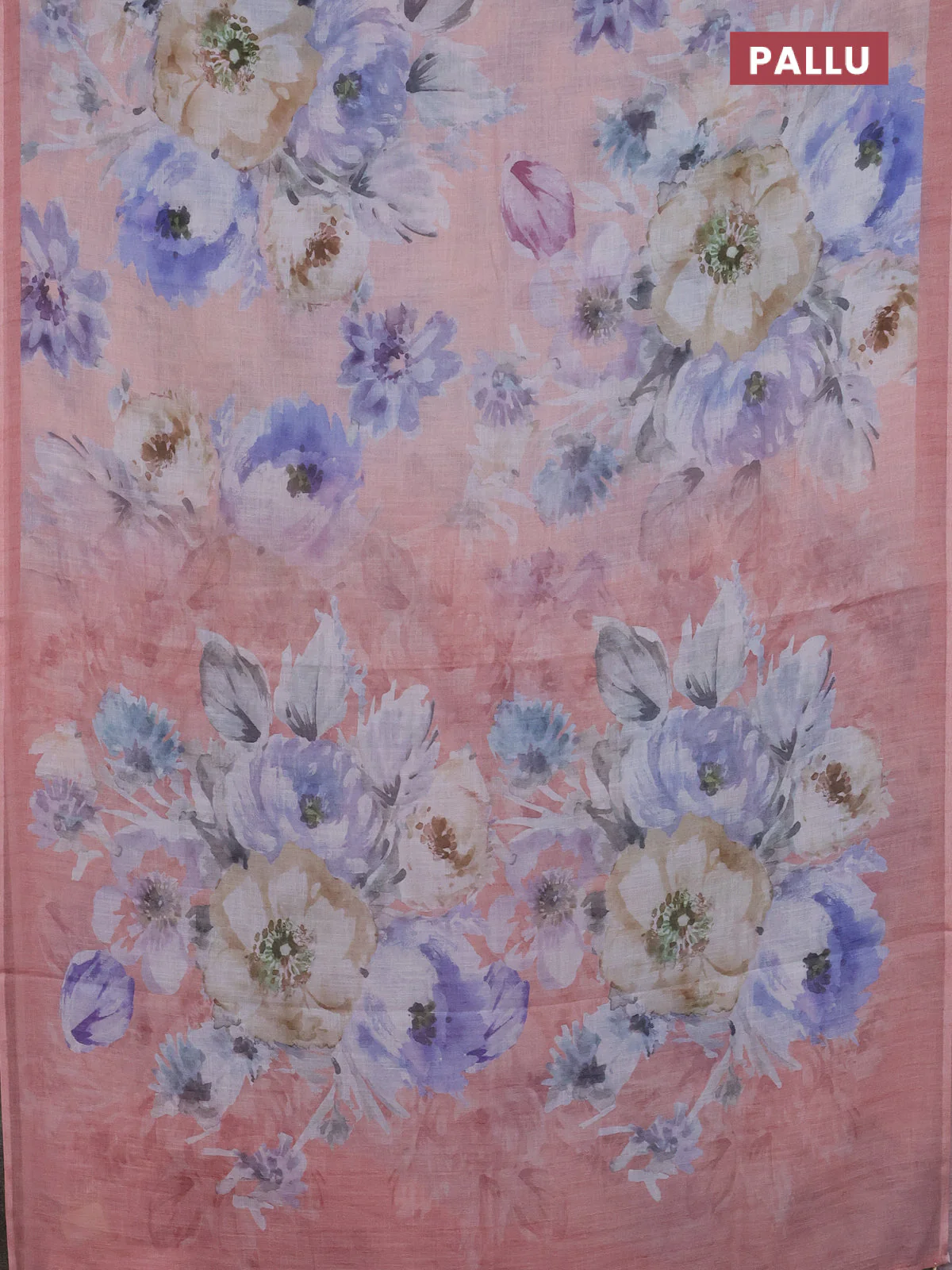 Linen cotton saree peach shade with allover floral digital prints and simple border - Image 3