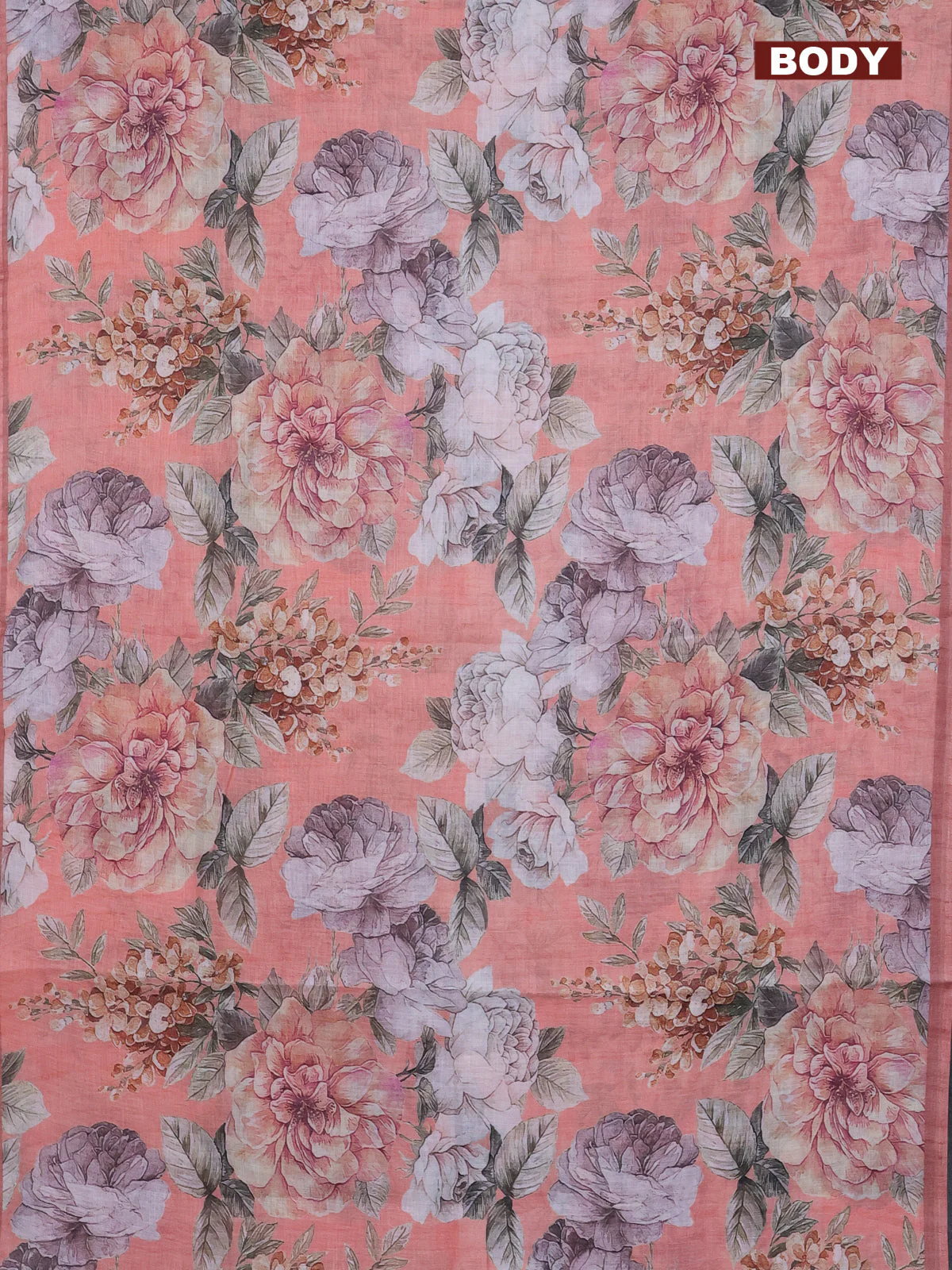 Linen cotton saree peach shade with allover floral digital prints and simple border - Image 2