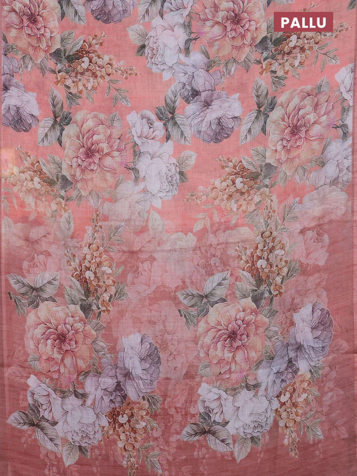 Linen cotton saree peach shade with allover floral digital prints and simple border - Image 3