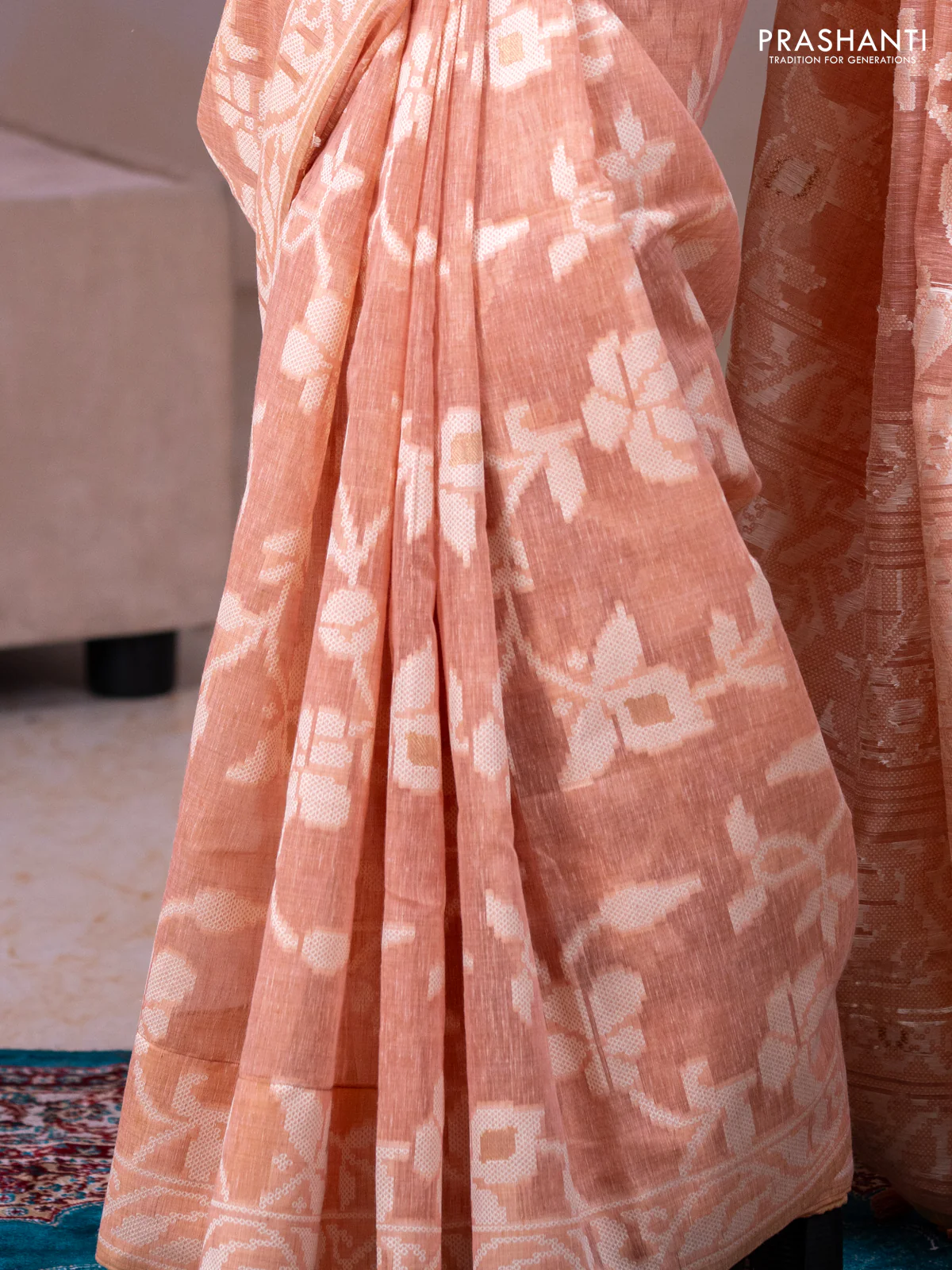 Linen cotton saree peach shade with allover jamdhani weaves - Image 3